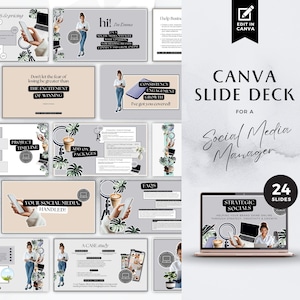 May include: A Canva slide deck for social media managers, featuring 24 slides. The slides are designed with a modern, minimalist aesthetic and feature a grey and white colour scheme. The slides include topics such as project timelines, add-on packages, consistency and engagement growth, and strategic socials. The deck is designed to help social media managers create engaging and effective content for their clients.
