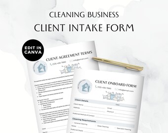 Kundenaufnahmeformular für Reinigungsdienste, bearbeitbare Geschäftsformulare für professionelle Reinigungskräfte, Kundenvertragsvereinbarung, Canva-Vorlagen, BB001