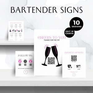 Paquete de letreros de bartending móviles, letrero de tarro de propinas con código QR, escaneo para pagar, paquetes de precios de menú de bebidas, plantillas de Canva editables, rosa, BB006