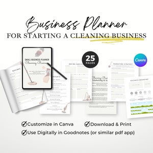 May include: A 25-page printable business planner for starting a cleaning business. The planner is designed to be used digitally in Goodnotes or a similar PDF app. The planner is customizable in Canva. The cover of the planner features a cartoon illustration of a cleaning vacuum.