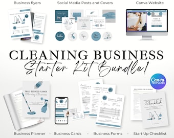 Cleaning Business Startup Bundle, Cleaning Business Forms, Blue Canva Templates, Price List, Social Media, Business Card Template, 009SW