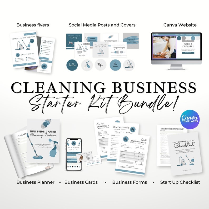 Cleaning Business Startup Bundle, Cleaning Business Forms, Blue Canva