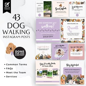 Puede incluir: Una colección de 43 plantillas de publicaciones de Instagram para empresas de paseos de perros. Las plantillas presentan lindas ilustraciones de perros y texto como "¿Alguien dijo paseos?", "Trabajo de olfato", "Modales de la correa", "Recordar", "Danza del toro que se mueve", "Hola, soy Maddie Madre y paseadora de perros", "Conoce los límites de tu perro", "Parques para perros en tu área", y "Mantente hidratado".