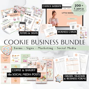 May include: A digital marketing bundle for a cookie business. The bundle includes 180 social media posts, flyers, signs, business cards, order forms, and tracker forms. The bundle is designed to help cookie businesses grow their online presence and reach new customers.