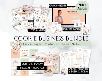 May include: A digital marketing bundle for a cookie business. The bundle includes 180 social media posts, flyers, signs, business cards, order forms, and tracker forms. The bundle is designed to help cookie businesses grow their online presence and reach new customers.