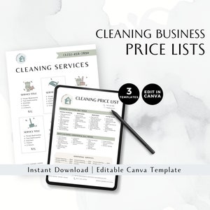 Puede incluir: Diseño digital para listas de precios de empresas de limpieza. La imagen muestra una tableta que muestra una lista de precios, una lista de precios impresa y una hoja de servicios de limpieza. El texto incluye "Cleaning Business Price Lists" y "Edit in Canva".