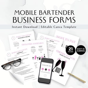 May include: A set of business forms for mobile bartenders, featuring contracts, receipts, and cocktail menus. The forms are in black and pink, with the text "MOBILE BARTENDER BUSINESS FORMS" at the top. The image also includes a smartphone, glasses, and a pen.
