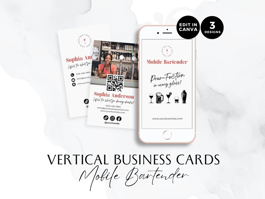 QR Code Mobile Bartending Business Card, Vertical Card Photo, DIY