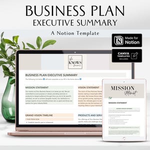 Puede incluir: Un portátil y una tableta muestran una plantilla de plan de negocios. La pantalla del portátil muestra un resumen ejecutivo del plan de negocios con secciones para las declaraciones de misión y visión. La tableta muestra una declaración de misión. También se ve el texto "Made for Notion" y "Canva Templates Included".