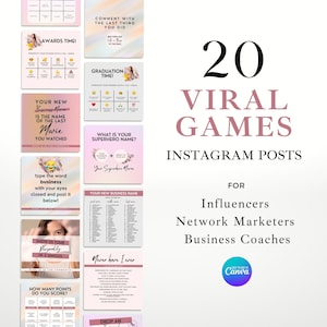 Op de afbeelding: Een verzameling van 20 roze en witte Instagram-posttemplates voor virale games. De tekst "20 Virale Spellen" staat in zwarte tekst op een roze achtergrond. De tekst "Instagram-berichten" staat in zwarte tekst op een witte achtergrond. De tekst "Voor influencers, netwerkmarketeers, zakelijke coaches" staat in zwarte tekst op een witte achtergrond. De tekst "Eenvoudig te bewerken in Canva" staat in witte tekst op een roze achtergrond.