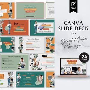 May include: A Canva slide deck for social media managers with 24 slides. The slides are green, orange, and white with images of women and plants. The text on the slides includes "Strategic Socials", "The Excitement of Winning", "Product Timeline", "How to Contact Me", "FAQS", "A Case Study", and "Help Business Owners".