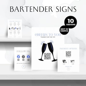 Könnte beinhalten: Zehn druckbare Bar-Schilder für eine Bar oder ein Restaurant. Die Schilder sind schwarz-weiß mit blauen Akzenten. Die Schilder beinhalten eine Speisekarte mit Signature-Cocktails, ein „Cheers to you“-Schild mit einem QR-Code, ein „Follow us“-Schild mit Social-Media-Icons und QR-Codes sowie ein Schild mit Zahlungsoptionen mit einem QR-Code, Bargeld- und Karten-Icons.