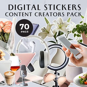 Può includere: Pacchetto di adesivi digitali per creatori di contenuti, con immagini PNG. Include un bouquet di rose, biscotti, un laptop, un telefono, cuffie, una luce ad anello e altri elementi di stile di vita. Il testo è "DIGITAL STICKERS CONTENT CREATORS PACK" e "70 PNGS".