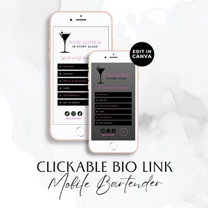 Biglietto da visita mobile per baristi, sito Web di collegamenti rapidi verticali, collegamento nella biografia, personalizzabile, scheda cliccabile, vettore di bevande, Canva, rosa, BB006