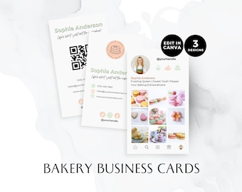 May include: Three bakery business card designs featuring a pink and green color scheme. The first card has a QR code, contact information, and the text "Sophia Anderson, Life's short - just eat the cake!" The second card has a photo of a woman, a logo of a cake, and the text "Sophia Anderson, Frosting Queen | Sweet Tooth Pleaser, Your Baking Extraordinaire". The third card has a collage of photos of macarons and other pastries.