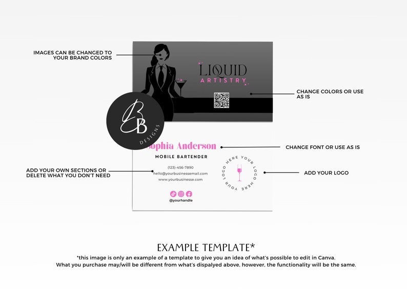 Mobile Bartending Business Cards, Contact Card, DIY QR Code