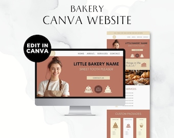 May include: A computer screen mockup showing a website template for a bakery. The website has a brown background with a picture of a woman smiling and wearing a brown apron. The text on the website says "Little Bakery Name" and "Sweet Tooth Pleaser".
