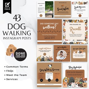 May include: A collage of 43 Instagram post templates for dog walking services. The templates feature a variety of dog-related themes, including scent work, leash manners, recall training, and staying hydrated. The templates are designed in a brown and white color scheme with illustrations of dogs.