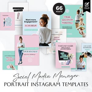May include: A set of 66 social media post templates for Instagram. The templates feature a pink and blue color scheme with a variety of images and text. The text includes phrases like "Ready to Elevate Your Socials?" and "I run your socials while you stay in your zone of genius".