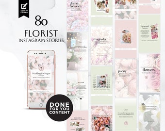 May include: A collection of 80 Instagram story templates for florists. The templates feature various floral arrangements, including cherry blossoms, magnolia, peonies, lilies, and seasonal flowers. The templates are designed in a soft pink and green color scheme with a modern and elegant aesthetic.