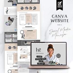 Op de afbeelding: Een website-mockup voor een social media manager, met een lichtgrijze achtergrond en een laptopscherm waarop een website wordt weergegeven met een foto van een vrouw en de tekst "hi! I'm Emma I MAKE SOCIAL MEDIA EASY FOR YOU!" De website bevat ook een sectie voor pakketten, veelgestelde vragen en een pakket voor concurrentieanalyse.