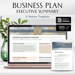 Puede incluir: Un ordenador portátil y una tableta muestran una plantilla de resumen ejecutivo de plan de negocios para Notion. La plantilla incluye secciones para la declaración de la misión, la declaración de la visión, la línea de tiempo de la gran visión, los productos y servicios, y la declaración de la misión.