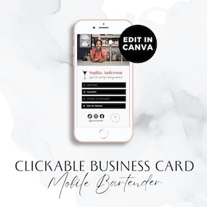 Tarjeta de visita de bartending móvil, Foto de tarjeta vertical, Enlaces rápidos, DIY personalizable, Influencer, Mínimo, Bar, Bebidas, Plantilla Canva, BB007