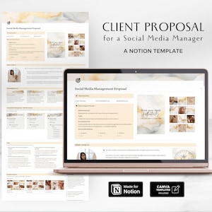 Puede incluir: Una plantilla digital para una propuesta de gestión de redes sociales. La plantilla está diseñada para su uso en la aplicación Notion e incluye plantillas de Canva. La plantilla presenta un fondo de mármol con acentos dorados y el texto "Piensa en tu autenticidad".