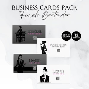 May include: Twelve different business card designs for a female bartender. The cards feature a silhouette of a woman in a bar setting with various text overlays, including "Cocktail Concierge", "Pour-fection in Every Glass", and "Liquid Artistry".