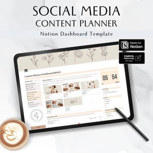 Könnte beinhalten: Ein digitales Tablet zeigt eine Notion-Dashboard-Vorlage für die Planung von Social-Media-Inhalten. Die Vorlage enthält Abschnitte für Content-Ideen, Fortschritt und Planung. Das Dashboard ist mit "Content Planner Dashboard BBNOS" betitelt.