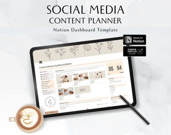 May include: A digital tablet displaying a Notion dashboard template for social media content planning. The template includes sections for content ideas, progress, and scheduling. The dashboard is titled "Content Planner Dashboard BBNOS".