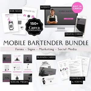 May include: A digital marketing bundle for mobile bartenders. The bundle includes 150+ Canva templates for social media, business cards, bar signs, contracts, and forms. The image shows a variety of templates, including a website, digital cards, and social media posts.