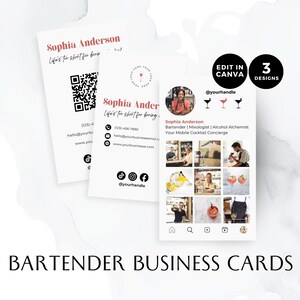 May include: Three designs for a bartender business card. The first design features a QR code, contact information, and social media icons. The second design features a photo of a bartender, a list of services, and social media icons. The third design features a grid of photos of cocktails and bar tools.