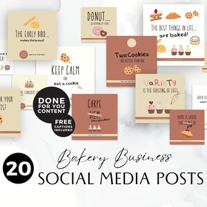 May include: A collection of 20 social media post templates for a bakery business. The templates feature various bakery items, such as cookies, cupcakes, donuts, pies, and bread, with fun and engaging captions.