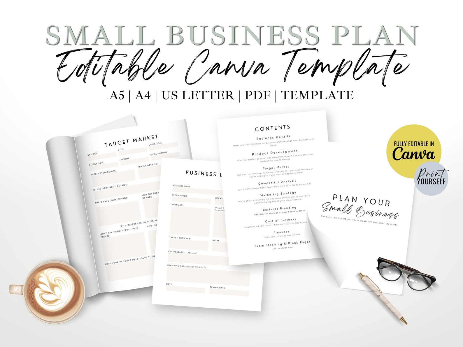 Business Plan Template Start Up, Business Plan Canva Template, Small ...