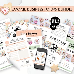 May include: A set of printable cookie business forms in a bundle. The forms include a business name invoice, a special offer, a custom cookie order form, a price list, a scan to pay form, and a cookie label. The forms are decorated with colorful cookies.