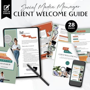 May include: A client welcome guide for social media managers, with a green, orange, and white color scheme. The guide includes 28 pages of information, including a case study, billing information, and a welcome message. The text on the cover reads "Social Media Manager Client Welcome Guide".