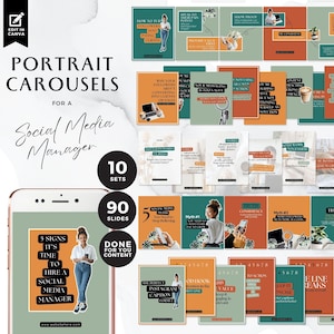 May include: A set of 10 social media carousel templates with 90 slides total. The templates are designed for social media managers and feature a portrait layout with a green and orange color scheme. The text on the slides includes phrases like "5 Signs It's Time to Hire a Social Media Manager", "The Formula for Instagram Captions", and "Myth #3: You Don't Work for Yourself".