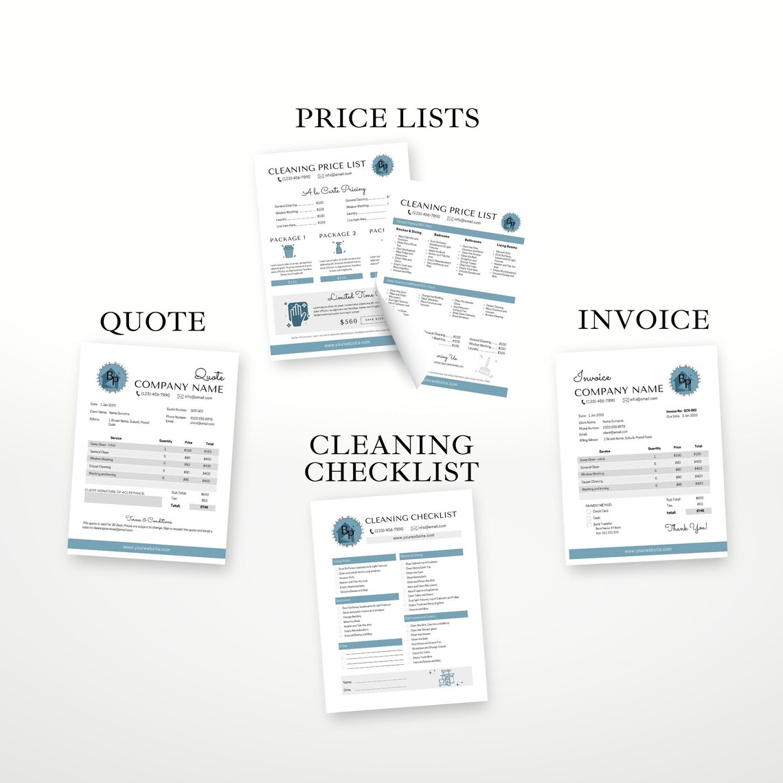 Cleaning Business Price List Template and Other Forms Bundle 8 Pack