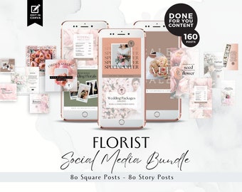 May include: A social media bundle for florists with 160 posts, including 80 square posts and 80 story posts. The bundle features a pink and green color scheme with floral designs and text that says "Wedding Price List", "Special Offer", "Wedding Packages", and "Seed Flower".