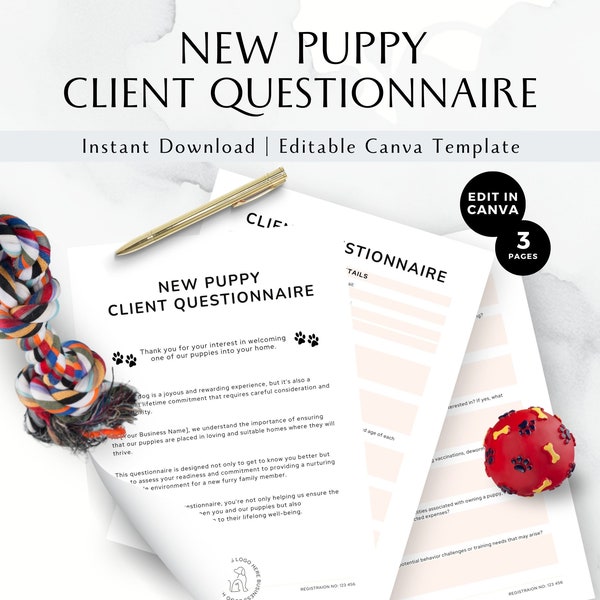 Dog Breeder Questionnaire, New Puppy Client Intake, Ethical Dog Breeding Form, 3 Page Editable Canva Template, Dog Breeder Template, BB012