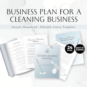 Pode incluir: Um modelo de plano de negócios para uma empresa de limpeza. O modelo é projetado para ser usado com Canva e inclui 24 páginas de conteúdo. A página de capa apresenta um design azul e branco com um frasco de spray de limpeza e um esfregão.