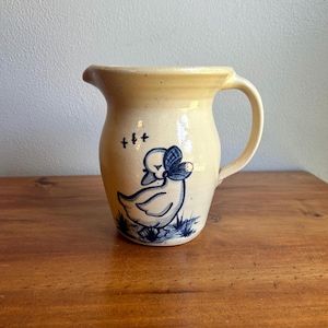 Small vintage blue and white pottery duck pitcher, stoneware pitcher, farmhouse primitive, kitchen decor, gift for her, 1980s decor, goose