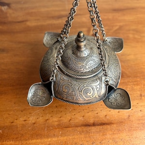 Vintage Tibetan silver hanging incense burner,  Buddhism, silver engraved with flowers, ornate incense burner, home accent