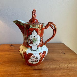 Vintage Japanese Kutani chocolate pot, Japanese village, Asian antique, hand painted, vintage ceramic teapot