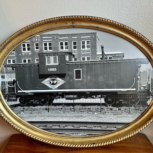 Vintage large oval railroad photograph, T and P railroad, 13553 caboose, Mineola TX, railroad photography, railroad memorabilia