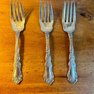 Lot of 3 antique W.M. Rogers silver plated meat forks, ornate forks, Alhambra pattern, AA Silver, holiday table, dining and serving