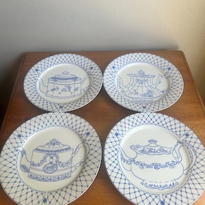 Set of four Cordon Bleu BIA teapot snack plates, blue and white plates, Cottagecore, grandmacore decorative plates, English teapot