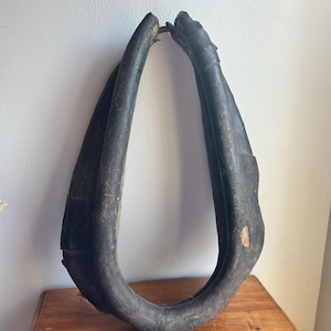 Antique leather horse or mule harness, horse hames, vintage horse tack, farm decor, rustic decor, primitive farm equipment, plow harness