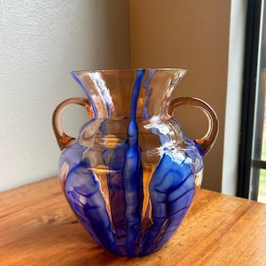 Vintage Kralik seaweed vase, hand blown vase, Czech art glass, blue glass vase, collectible glass, made in Czechoslovakia